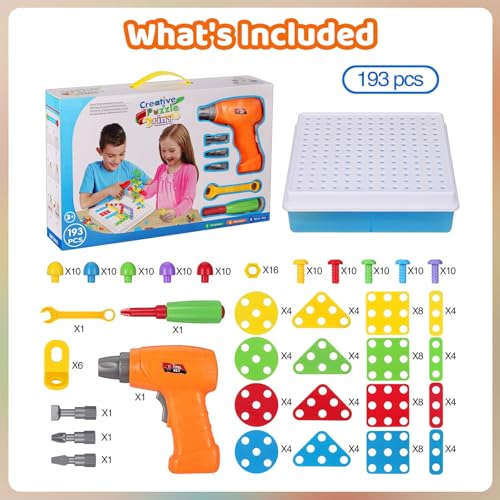 STEM Drill & Build Kit for Kids Ages 3-8 | Electric Toy Drill with 193+ Pieces (Screws, Nuts, Rainbow Fasteners) | Creative Design Construction Toys for Boys Girls | Gift for Birthdays, Christmas