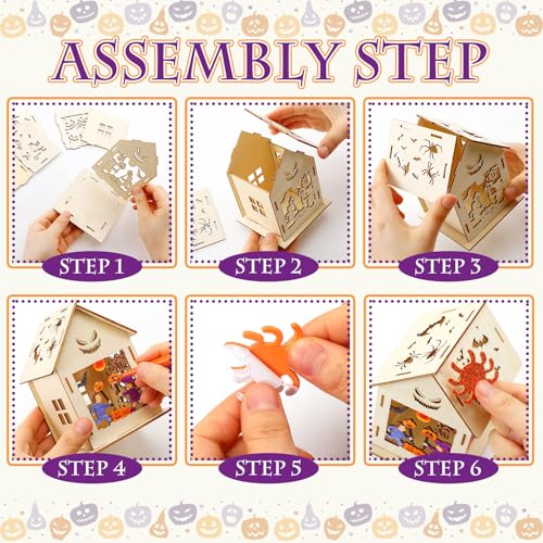Cinnvoice 12 Sets Wooden Halloween Houses DIY Craft Kit,Halloween Style