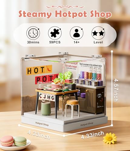 Hotpot Shop Miniature House Kit, Plastic DIY Dollhouse with Hot Pot Table & Sauce Station, Stackable Transparent Dust Cover, Creative Desktop Decor for Adults Teens - color: Hotpot Shop, size: Small