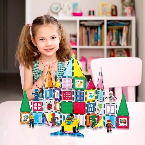 PicassoTiles 100PC Magnetic Tiles Construction Building with Carrying Case Included Block Set with Car, 8 Sets of Characters and Base Whiteboard Marker Playset Toy Kit for Boys & Girls Ages 3+ PB01 - color: 100pcs