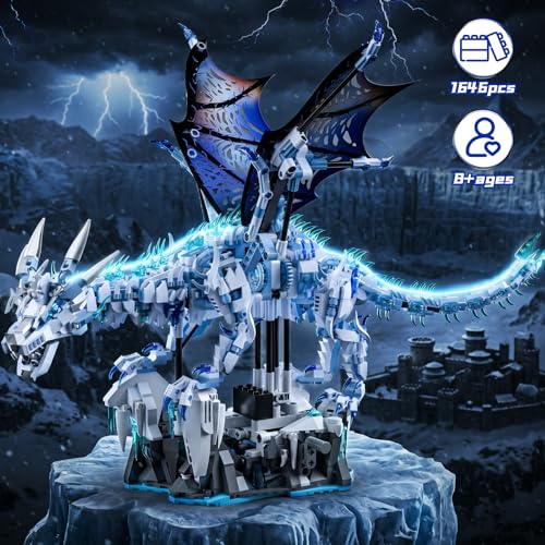 OWNONE 1 Mechanical Ice Dragon Building Block Set with LED Light & Movable Head, Wings and Limbs, Fantasy Dragon Model Kit for Home & Office Decor, Birthday for Teens & Adults & Kids (1646 PCS)