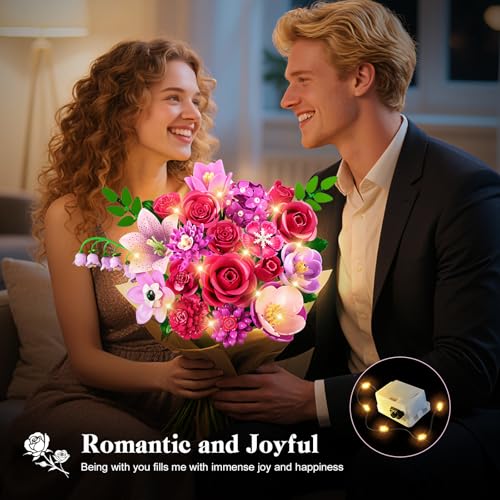 CUBIMANA Flowers Bouquet Building Set with LED for Adults Women Girls 12+ - color: Rose Red
