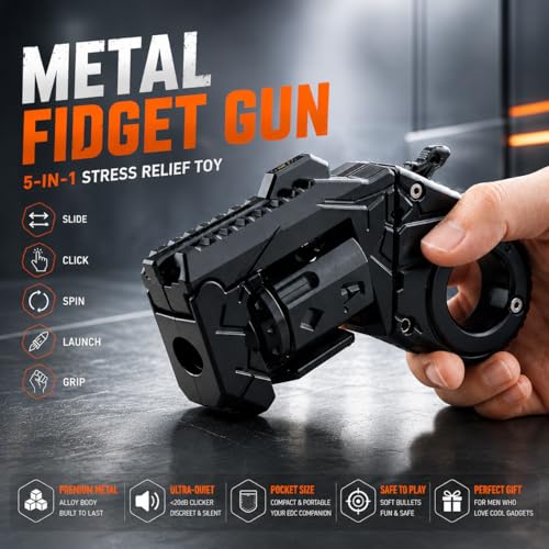 Metal Fidget Gun EDC Toy - Stress Relief Spinner Fidget Toys Adults with Shell Ejection, Bullets & Target, Desk Toys for Men Women (Black)