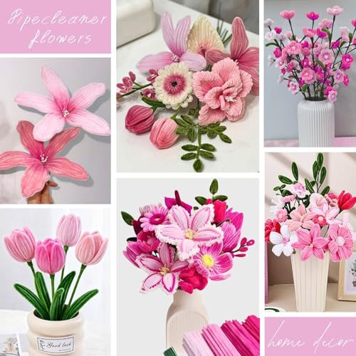 5-Color Pink Pipe Cleaner Flower Kit,300 Pcs Pipe Cleaners Craft - color: Pink