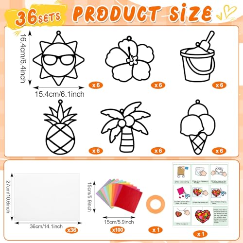 Qyeahkj 36 Sets Summer Suncatchers Crafts for DIY Summer Beach Fruit Tissue Paper Craft Kit Hawaiian Tropical Stained Glass Effect Window Ornaments Decoration for Home Art Project Party Favor Gift - style: Summer Beach Fruit