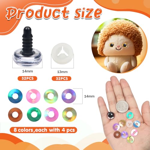 TOAOB 32pcs 14mm Glitter Safety Eyes 8 Mixed Colors Plastic Crafts Crochet Doll Round Eyes with Washers for Amigurumis Stuffed Animals DIY Puppet Doll Making Decorations - size: 14mm