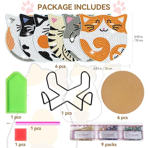Vcekract 6 Pcs Cat Diamond Art Coasters Kit for Adults - color: Cat Coasters