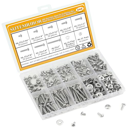 244 Pieces #6-32 x 3/16", 1/4", 5/16", 3/8", 1/2", 5/8", 3/4", 1", Phillips Pan Head Machine Screws Nuts Washers Assortment Kit - size: #6-32, style: Phillips Pan Head