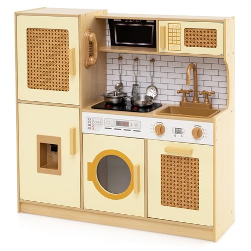 Costzon Kids Kitchen Playset, Wooden Toddler Montessori Pretend Play Toy w/Rattan Door, Light & Sound, Water Dispenser, Washing Machine, Range Hood, Cookware, Play Kitchen for Kids 3+, Gift (Yellow) - color: Rattan Yellow