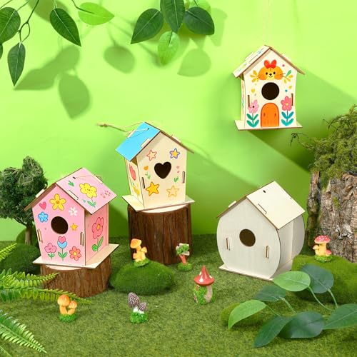 DECYOOL 12 Pack Wooden Bird House Kits, Unfinished DIY Birdhouse Crafts