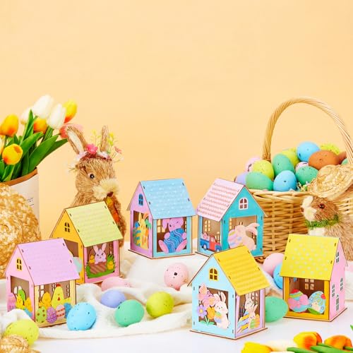 Jenaai 12 Sets Easter Wooden House to Paint DIY Crafts Bulk Village Sets 3D Wood Bunny House Crafts and Arts for Spring Easter Gift Party Supplies Table Decorations - style: Easter Cottage