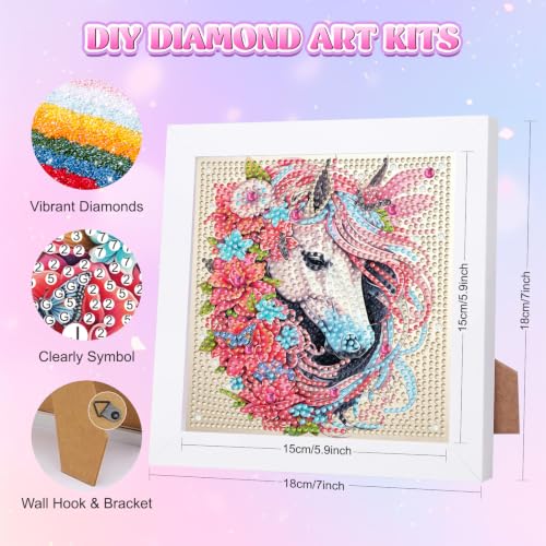 GHHKUD Horse with Flowers Diamond Art Painting Kits for Kids with Frame, Floral Animal Diamond Art Adults Kids Crafts for Ages 4-6-8-12, Easy to DIY Gifts Package Home Wall Decor 7x7inch - color: Horse