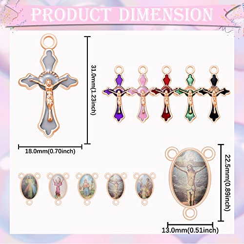 60Pcs/30Set Rosary Making Kits Supplies Religion Cross and Center Medal Charms Alloy Picture Jesus Enamel Pendant for Diy Prayer Necklace Jewelry - color: Rose Gold