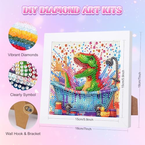 GHHKUD Funny Dinosaur Diamond Art Painting Kits for Kids with Frame, Cute Dinosaur in Bathtub Diamond Art Adults Kids Crafts for Ages 4-6-8-12, Easy to DIY Gifts Package Home Wall Decor 7x7inch - color: Cute Dinosaur in Bathtub