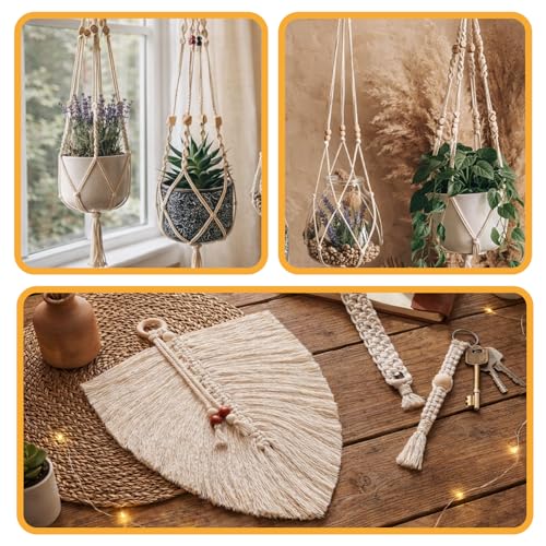 111PCS Macrame Plant Hanger DIY Knitting Kit – 109Yd 3mm Cotton Cord, 8PCS Wood Rings 100PCS Beads 2PCS Sticks, Craft Set Ideal for Macrame Starter Kit
