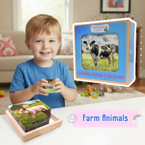 6-in-1 Wooden Animal Puzzle – Montessori Cube Toy for Kids – Realistic Farm Animals Educational Wood Blocks for Children Ages 3 and Up - style: Farm Animals