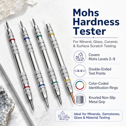 Premium Mohs Hardness Test Kit (2-9 Scale) - Mineral Identification Set with 4 Testing Pencils, Glass Plate - Accurate Hardness Testing for Rocks, Gems & Geology Enthusiasts