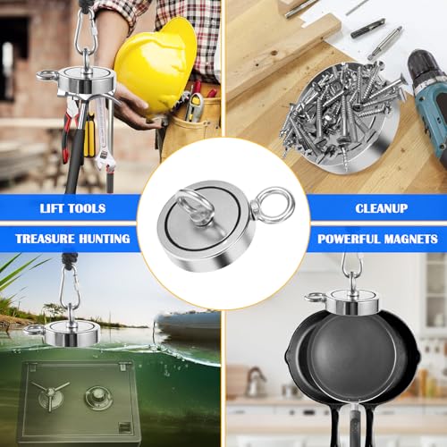 VNDUEEY 1725LBS Magnet Fishing Kit, 3.7" Double Hole Fishing Magnet Kit with Rope, Strong Magnets for Retrieving in River Lake Beach and Lawn, Includes 65Ft Rope, Carabiner, Gloves, Grappling Hook - size: 3.7" 1725LBS, style: Double Hole Kit