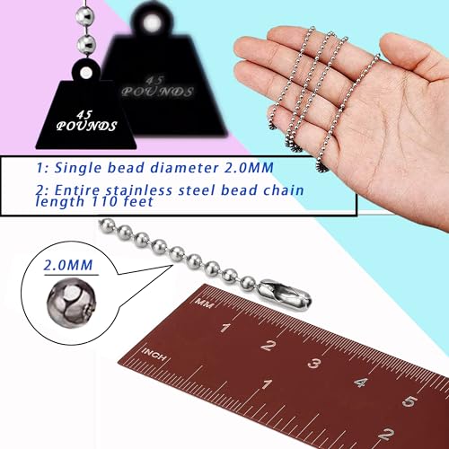 2.0mm Ball Bead Chain, Extra Long 110ft Stainless Steel Necklace Chains,Dog Tag Chain with 200 Connectors Clasps for Jewelry Chain DIY Craft Making,Men Military Keychain Jewelry Making Supplies - color: Ball Chain 110FT 2.0mm
