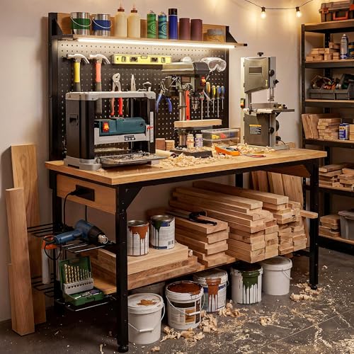 DWVO 47in Adjustable Workbench with Pegboard 1100lb Load on Wheels - size: 48" Workbench w/Pegboard & LED