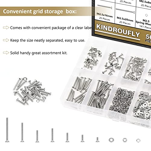 562 Pieces M2.5 x 4/6 /8/10 /12/16 /20mm Countersunk Head Socket Cap Screws Nuts Washers Assortment Kit, 304 Stainless Steel, Fully Machine Thread - size: M2.5, style: Countersunk Head Socket Cap
