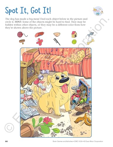 Evan-Moor Brain Games and Activities for Kids, Ages 8-9, Workbook, Hidden Pictures, Mazes, Sticker Activities, Logic Puzzles, Tongue Twisters, Audio, Secret Codes, Critical Thinking, Word Play
