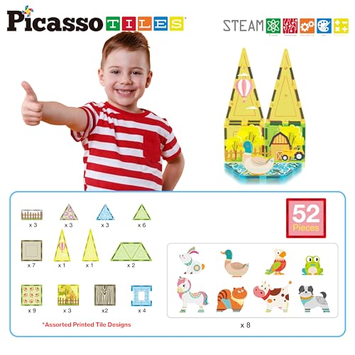 PicassoTiles Magnetic Tile Farm Animal Building Playset with 8 Character Figures STEM Construction Toy for Kids Age 3 Plus Educational Pretend Play Learning Blocks Farmyard Creative Activity Kit PTQ17 - color: Farm Animal Set With 8 Action Figures