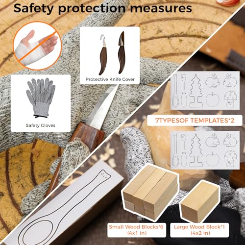 68-Piece Wood Carving Kit for Adults and Beginners, 16 Whittling Knives & Chisels, 8 Basswood Blocks, Leather Tool Roll, Safety Gloves, Paints and Templates, Carving Gift Set for Men