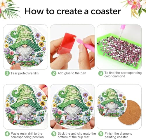 8 Pack Diamond Art Coasters Kits, Gnomes Diamond Painting Coasters Kits - color: Dwarf