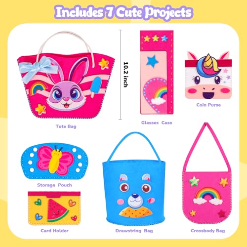 MGparty My First Kids Sewing Kit, DIY Arts & Crafts Set with 7 Felt Bag Projects, Beginner Sewing Activities for Kids Ages 5+, Creative Learning Craft Kit, Birthday Gifts for Boys & Girls