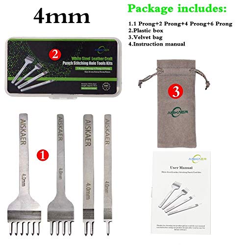 Aiskaer Leather Stitching Punch Set, Diamond Chisel Tools, 4mm White Steel 1/2/4/6 Prong for Leather Craft DIY - size: 4mm