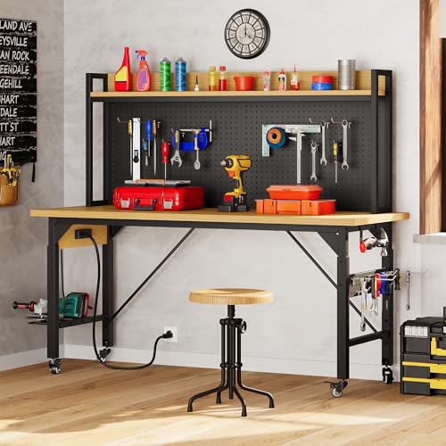DWVO 60in Heavy Duty Workbench with Pegboard & Wheels Adjustable Work Table - size: 60" Workbench w/Pegboard