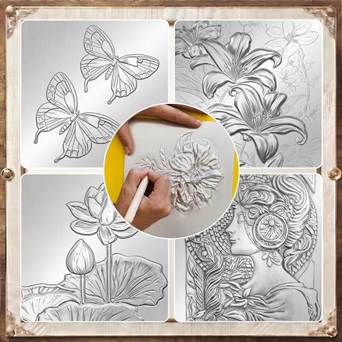 Yaocom 22 Pcs Metal Embossing Kit for Beginners, 0.3mm Thick Aluminum Sheets with Embossing Tools, Stylus, Tracing Paper and Felt Pad, 8 x 12 Inch DIY Craft Set for Art, Frame Not Included