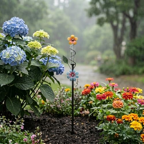 Flower Rain Gauge Outdoor, 5 Inch Glass Tube Freeez-Proof Metal Stake Weather-Resistant Rain Gauge-Lawn and Garden Yard Decor for Accurate Precipitation Measurement