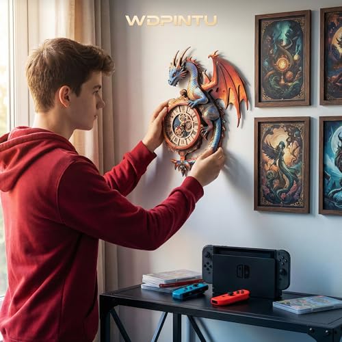 3D Wooden Puzzle Clock - Mythical Dragon Design, DIY Mechanical Pendulum Wall Clock, Collectible Artwork & Unique Gift for Fantasy Lovers - color: Deep Blue