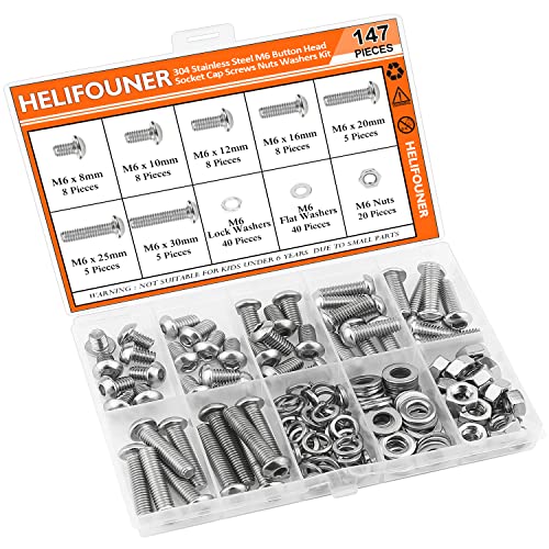 HELIFOUNER 147 Pieces M6 x 8mm /10mm /12mm /16mm /20mm /25mm /30mm, Button Head Socket Cap Screws Bolts Washers Nuts Kit, 304 Stainless Steel - size: M6, style: Button Head Socket Cap