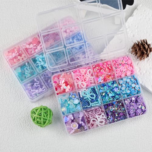 2050 Pieces 3D Butterfly Rose Flower Bow Rabbit Bear Nail Charms Kit with Nail Art Rhinestones Pearls Crystal Gems Nail Slices for Manicure DIY Crafts Jewelry Accessories (Pink Purple Blue) - color: Pink Purple Blue