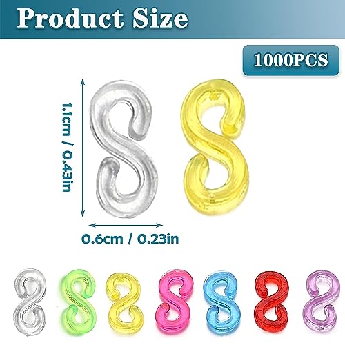 Mecefeno S Clips Rubber Band Clips 1000 Pieces Loom Rubber Band Clips Plastic Band Clips Connectors Refills Bracelet Kit Clip for Loom Bracelets DIY Making Refill Kit - color: Clear+Colorful