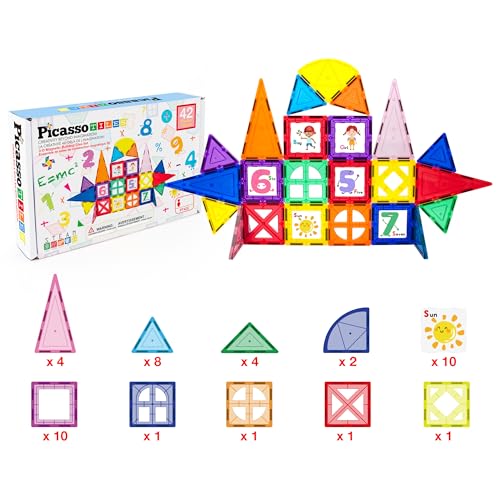 PicassoTiles Magnetic Building Blocks with Tiles and Click-in Educational Graphic Arts Magnet Construction Toy Set STEM Learning Playset Child Brain Development Stacking Playboard - color: Red