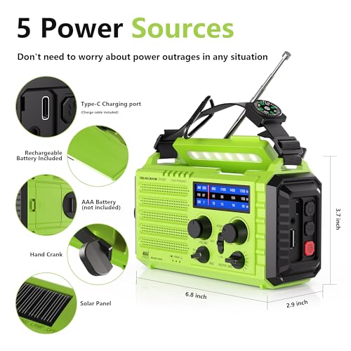 Emergency Weather Radio Battery Powered 5000mAh/18500mWh, Solar Hand Crank - color: Light Green