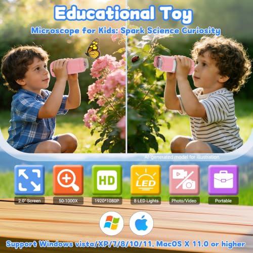 1000X Handheld Digital Microscope for Kids, STEM Educational Toy - color: Pink