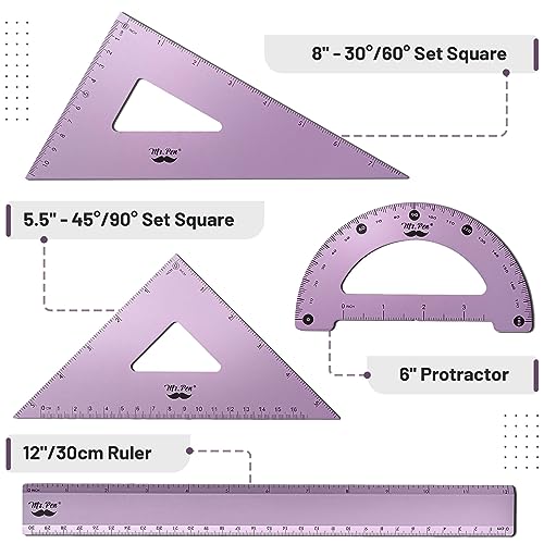 Mr. Pen- Metal Geometry Kit, 4 Pack, 45° & 30°/60° Set Squares - color: Blue Magenta Color