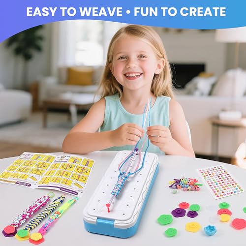 DDAI Friendship Bracelet Making Kits Crafts - Arts & Crafts for Kids Ages 8–12 - Birthday Gifts for 7 9 10 11 12 Years Old Girls Toys, String Bracelet Maker Loom Box for Kids, DIY Gem Stickers - color: Aqua & White