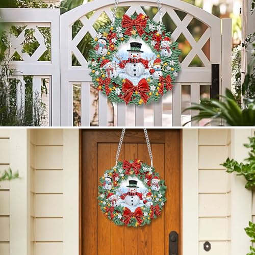 MXJSUA Christmas Snowman Wreath Special Shaped Hanging Diamond Painting Art Kits for Adults, Snowman Crystal Rhinestone Acrylic Gem Art Pendant Ornaments Kit for Home Decor and Gift 7.64 * 7.64 Inch - color: Christmas-09