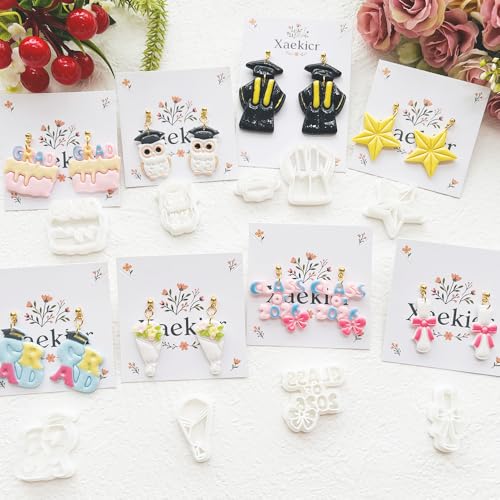 Graduation Polymer Clay Cutters Set - 9pcs Sharp & Durable Class of 2026, Grad, Owl, Cap, Gown, Cake & Star Shapes for DIY Earring Jewelry Making, Soft Clay Crafts & Class Party Supplies - color: 2N color