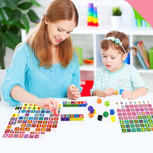 100 Math Linking Cubes, Math Cubes with 384 Reusable Stickers-Letters, Numbers, Shapes, Manipulative Geometric Connecting and Counting Blocks, Educational Toy for Kids Math Learning and Fun Activities - style: 100-Cubes+ 384 Letters Stickers