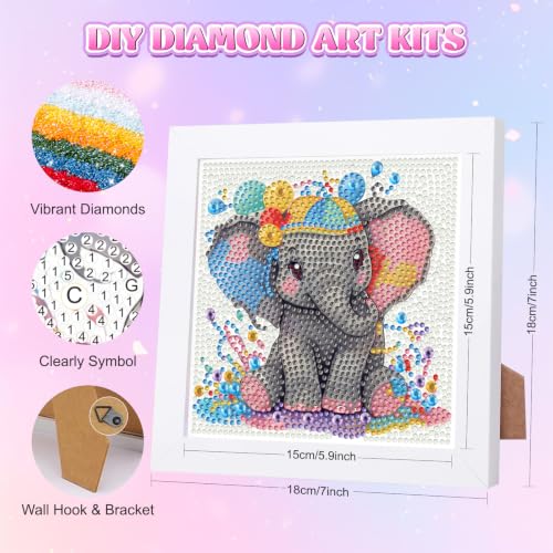 GHHKUD Cute Elephant Diamond Art Painting Kits for Kids with Frame, Animals Diamond Art Adults Kids Crafts for Ages 4-6-8-12, Easy to DIY Gifts Package Home Wall Decor 7x7inch - color: Cute Elephant