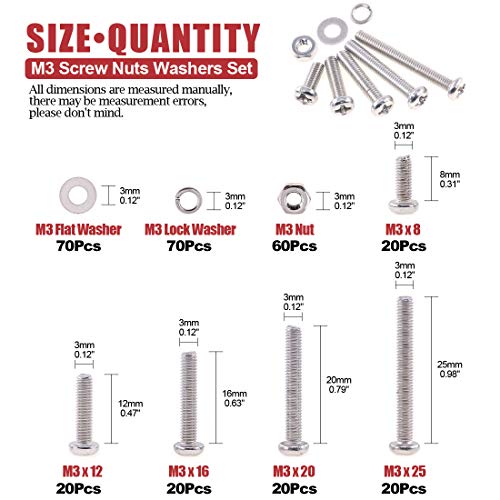 Hilitchi 300-Piece M3 Phillips Pan Head Screws, Bolt Nut Lock Flat Washers Kit, 304 Stainless Steel - color: M3