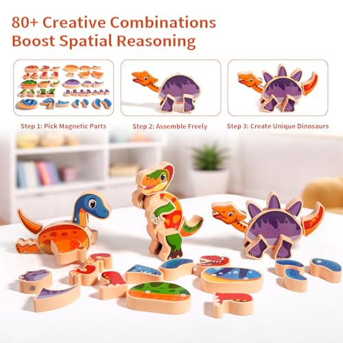 INIFEIDALA Magnetic Wooden Dinosaur Building Blocks, Ages 3-6