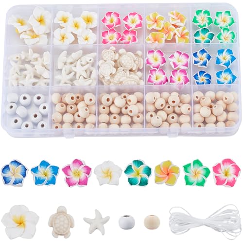SUNNYCLUE 1 Box 148Pcs 6 Sets Summer Bracelet Making Kit Turquoise Turtle Beads Seestern Ocean Beach Hawaii Plumeria Flower Round Beads for Jewelry Making Necklace Adults Supplies Women Beginner - style: Flower 2